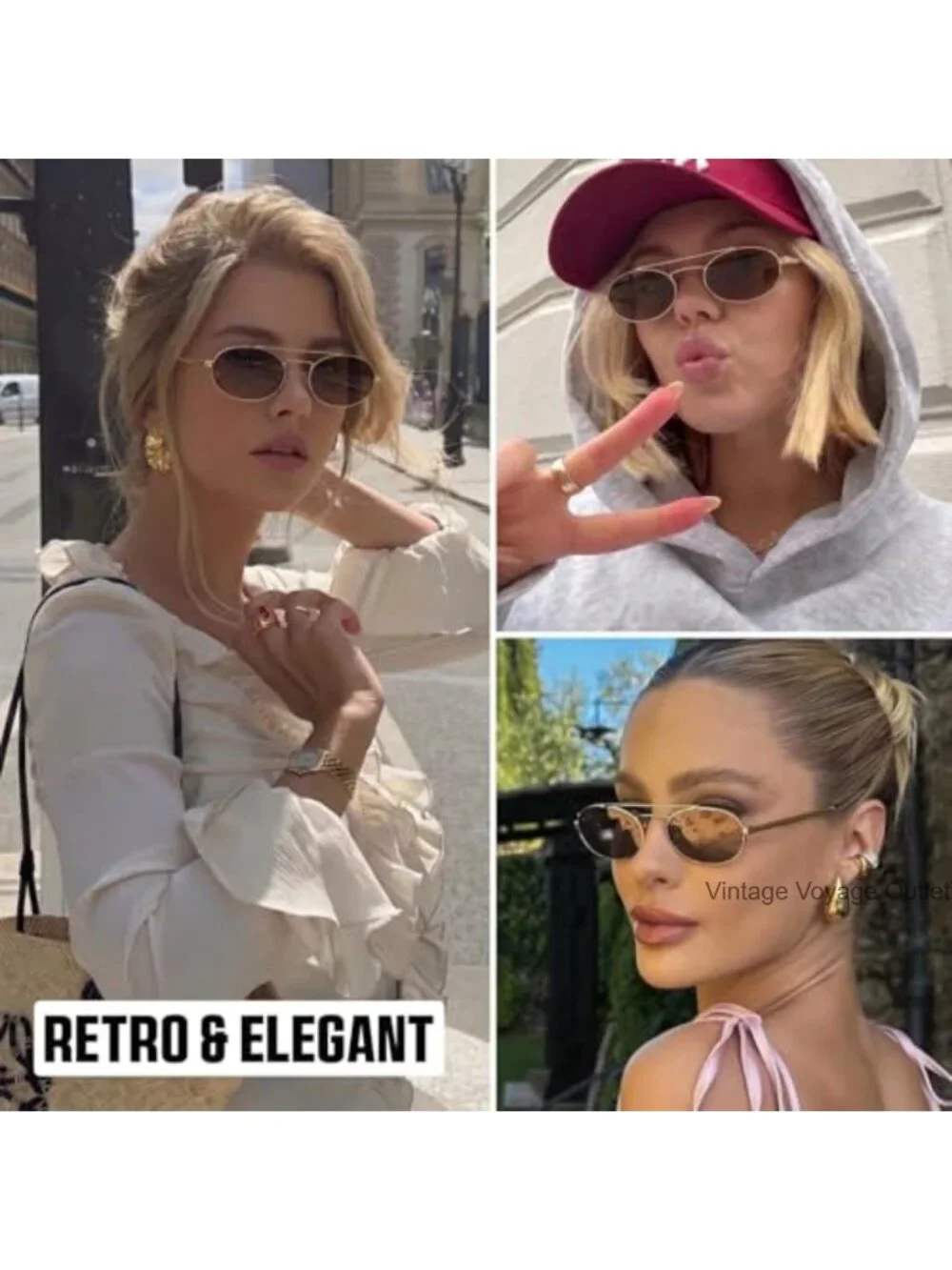 Retro Oval Sunglasses for Women 90s Style Double Bridge Metal Frame UV400